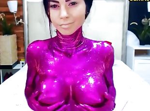 Cam Girl Nake In Purple Body Paint With Nice Titties