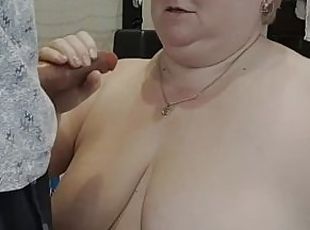 mother-in-law shows how to masturbate a dick with a huge cumshot on tits