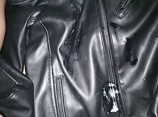 Cum in on a black leather jacket. 