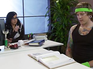 A sexy tatted up teacher fucks a student in her office