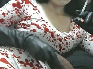 smoking wife white red dress in leather gloves makes me happy