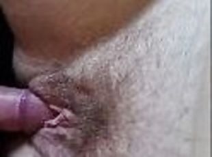 Step mom Just let the tip in hairy pussy and cum
