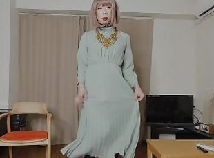 Cute Japanese Crossdresser 22, dancing and cumshot happily in a long dress.