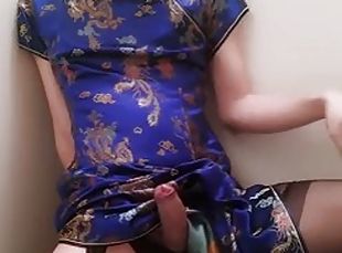 Horny Japanese femboy crossdresser in Chinese dress masturbates and cums Madzmoto Sun