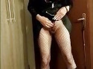 Sissy in fishnet & corset cum a lot twice with fleshlight