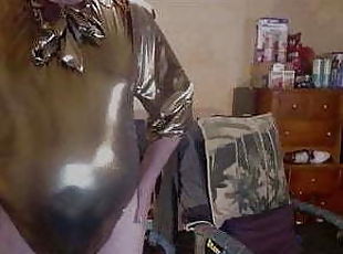 Tranny model in vintage gold lame&#039; bodysuit.