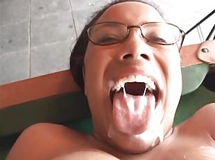 Stunning babes in glasses riding huge cock hardcore before swallowing cum