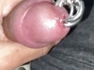 Stroking my pierced cock with 3 piercings. 2 4mm and 1 2mm piercings.
