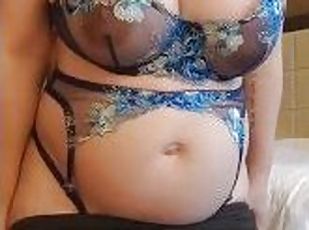 Slow Strip Tease While Pregnant and Showing Off Lingerie, Rubbing Hairy Pussy Up Close
