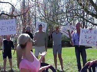 Amateur blonde girl gangbanged by 5 grandfathers outdoors