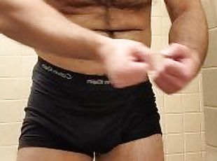 HAIRY MUSCLE BEAR FLEXING IN UNDERWEAR