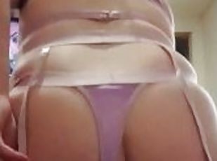 Young wife in lingerie riding and sucking dildo