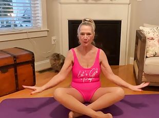 65 year old grandmother doing yoga for young men fitness