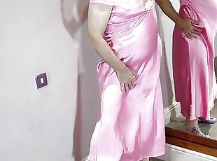 Sexy crossdresser gorgeous full length pink satin.