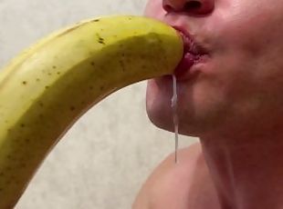 Throat training with banana. Drool, milk, sloppy. Very dirty.  Very hard