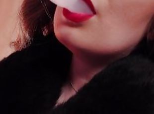 ASMR fur coat fetish, vaping smoking with leather gloves (Arya Grander)