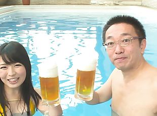 Vacationing Japanese couple fuck in the pool at the hotel