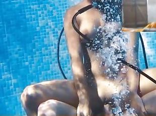 Underwater ass to mouth sex in the pool and anal creampie.