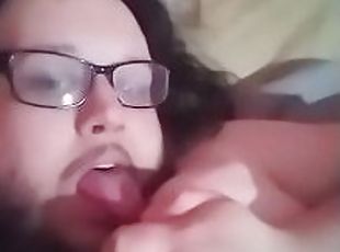 Hairy, chubby, nerd shows dick, balls, ass, and licks his nipples.