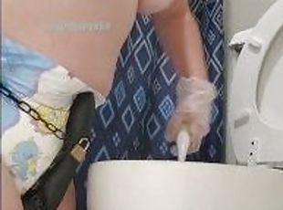 Diaper Slut Cleans Toilet With Vibrator Locked Over Diaper