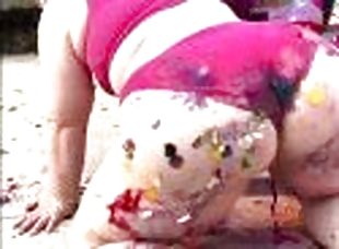 PAWG Joan Day celebrates birthday with cake fun and rinse down